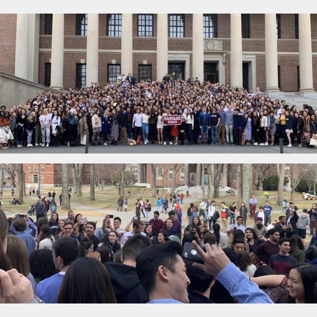 veritasforum's tweet photo. "We created our own 'Senior Week' using a GroupMe that had 1,200 seniors. As we gathered on the steps at Widener Library to take our impromptu class photo, we got an email notification that two @Harvard students had tested positive for COVID-19." @lspohn002 #ProfilesofSearch https://t.co/duR6x2zPXi