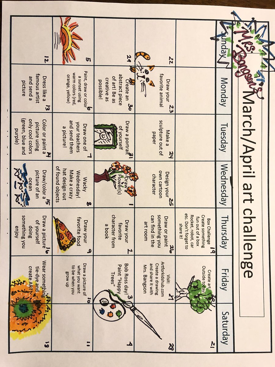 PBangson's tweet photo. DDE students and families...I have attached an arts activity/challenge calendar! More fun ways to bring the art room to you are coming soon! https://t.co/qlzs1HERnO