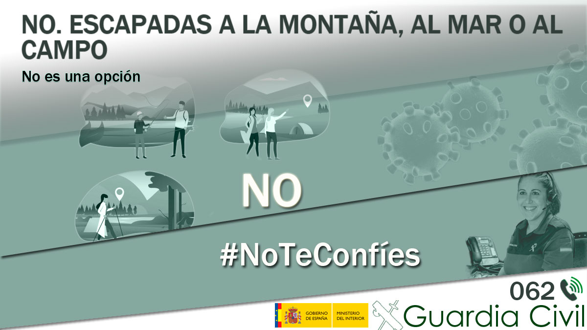 guardiacivil's tweet photo. #EsteVirusLoParamosUnidos
Es normal echar de menos las actividades al aire libre, pero ahora no son una opción.

NO❗están permitidas las escapadas a la montaña, al mar o al campo. ❌🏕️⛰️❌🏖️ ❌🌳🌳

⛔ LO PARAMOS si sales de casa solo cuando es imprescindible https://t.co/S01wTltt8Q