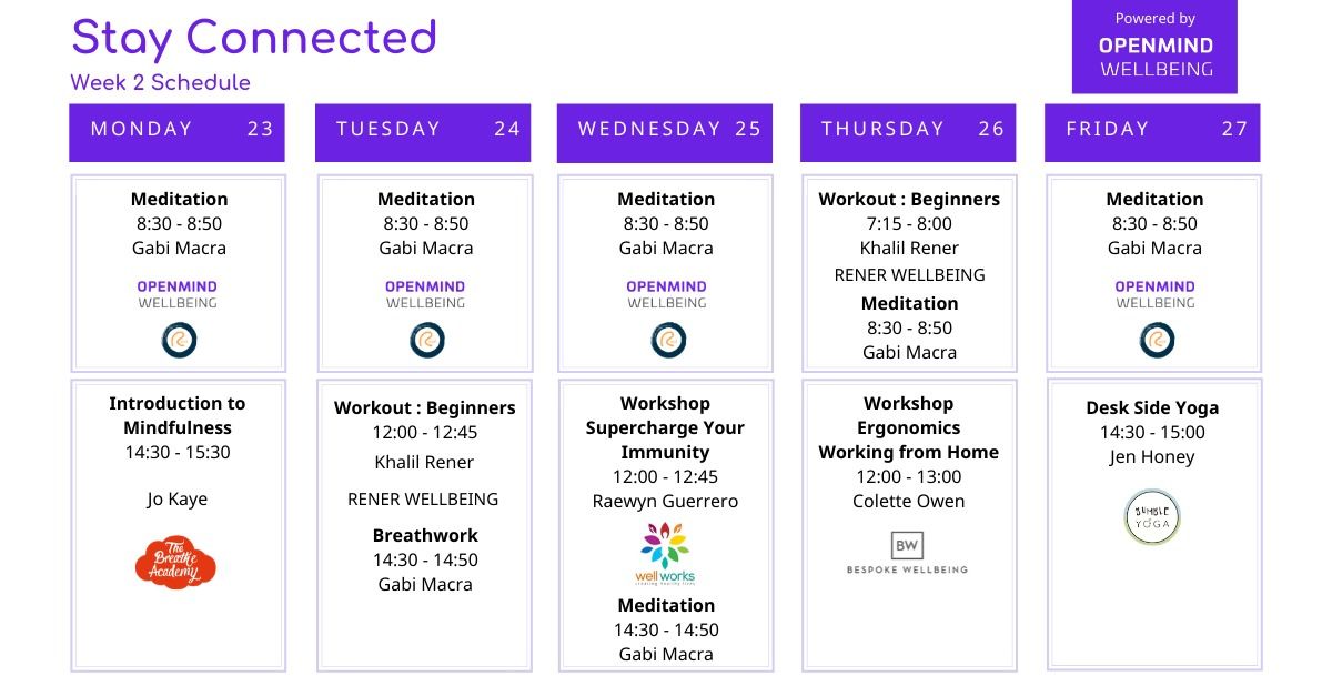 Lyfe_technology's tweet photo. How are you staying connected &amp; keeping well while working from home?

Complimentary virtual wellness offerings power by OpenMind, delivered by our generous service partners volunteering their time. 

Register to sessions: https://t.co/bWtKJjRJic

#workingfromhome #wellbeing https://t.co/YtmJswt0VJ