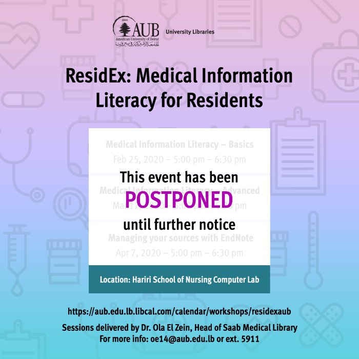 AUBLibraries's tweet photo. Stay Safe till we meet again!

#workshop #postponed #residEx #aub #medicalinformation #research #librarysession #aublibraries #aub_lebanon https://t.co/D8FiRasM1f