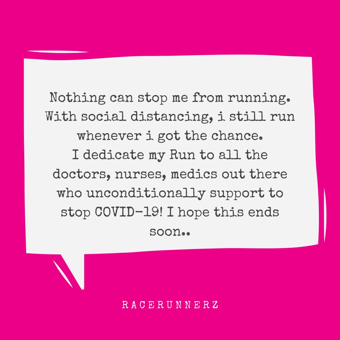 RaceRunnerz's tweet photo. Nothing can stop me from running. With social distancing, i still run whenever i got the chance.โ
I dedicate my Run to all the doctors, nurses, medics out there who unconditionally support to stop COVID-19! I hope this ends soon.. ๐@RaceRunnerz #runningquotes #marathonstore๐ https://t.co/TYnZpQ15J7