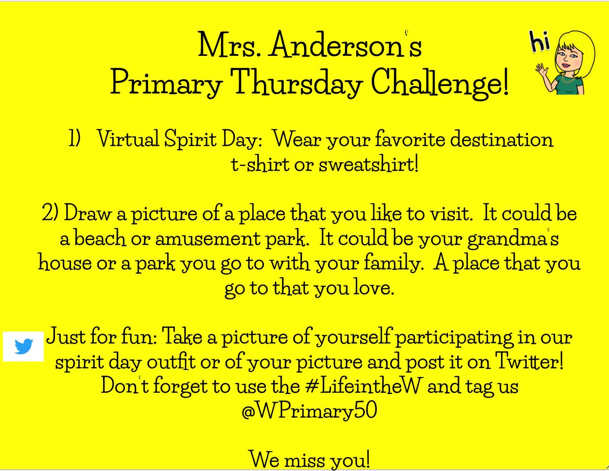 WPrimary50's tweet photo. Good Morning Wildcats!  Your Thursday Challenge is here!  Don’t forget to send us your pictures!  We are providing grab and go of breakfast and lunch to all children under 18. It is at the Middle School 10-1 p.m.!  #LifeintheW @StaceyJAnd @JAndersonPrin @Woodland50News https://t.co/Y4FlHSaOaE