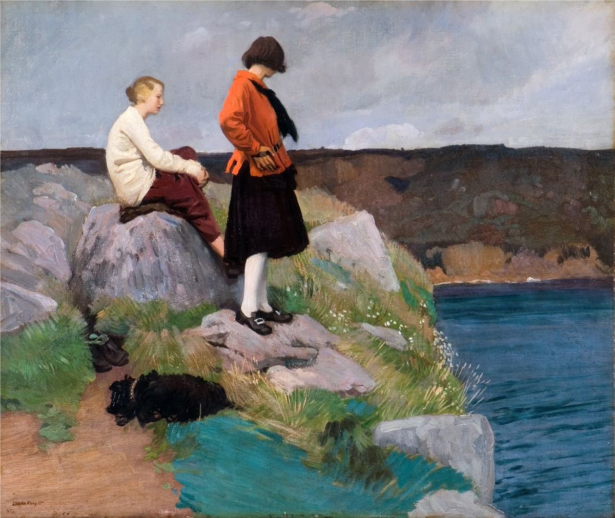 'The Cornish Coast' (1917) and 'Motley' (1912) by Dame Laura Knight. In a career spanning over 70 yrs she drew and painted subjects such as circus performers, travelling communities, dancers of the Bolshoi Ballet and women workers during WW2. ( @Museum_Cardiff  @NatMuseumArt)