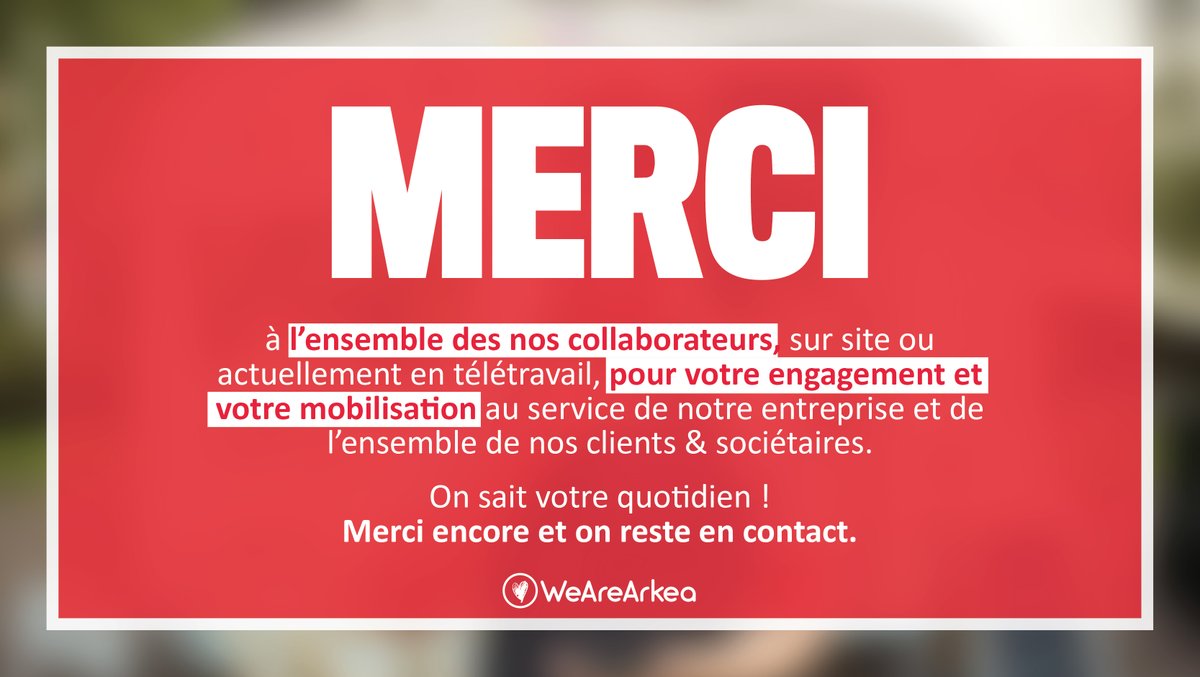 🙏 MERCI à tous les salariés du groupe <a href="/cmarkea/">Crédit Mutuel Arkéa</a>.
Pour assurer la continuité de nos activités essentielles, nous adaptons constamment nos méthodes de travail.

🔝 La réussite : votre engagement et votre mobilisation !
Merci encore et on reste en contact.