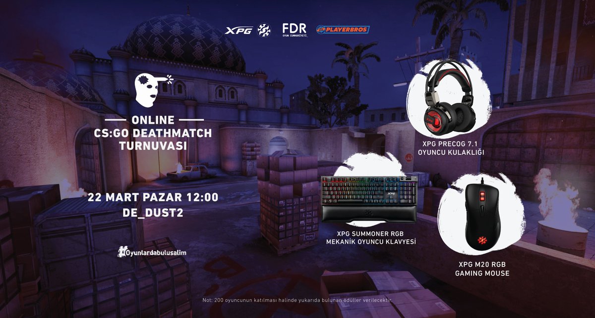 supmasshub's tweet photo. 💥 XPG ödül sponsorluğunda Online CS: GO Deathmatch Turnuvası, #oyunlardabulusalim diye FDR ve @playerbroscom ile sana geliyor.
📌 Turnuva katılım formu ve bütün detaylar için
➡️ https://t.co/TYk0bDLFsX
#FDRoyun #OyunCumhuriyeti #levelatla #gamer #csgo #turnuva https://t.co/8PL9pjyqrv