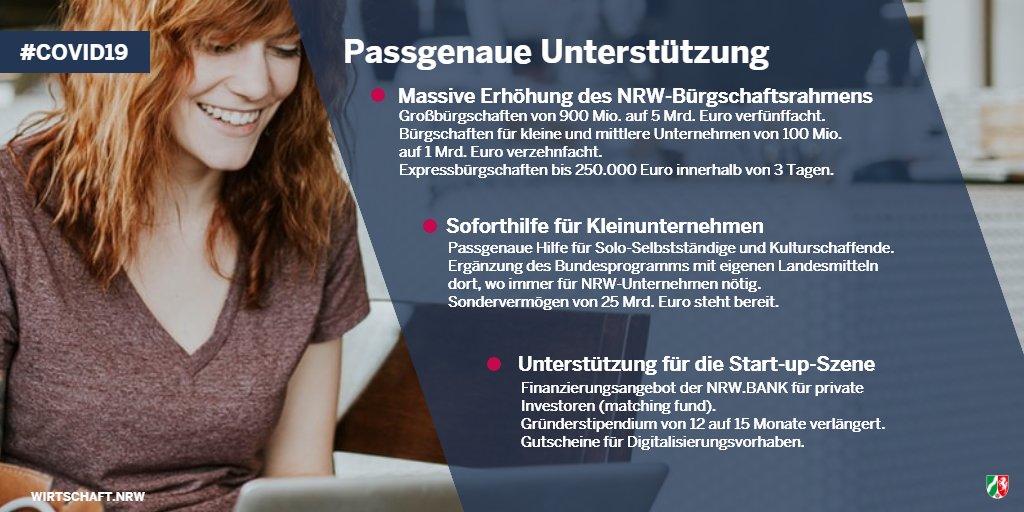 Land #NRW schnürt #Corona-Hilfspaket von 25 Mrd. Euro und stellt Vielzahl an Instrumenten bereit, um passgenau die Bedarfe der unterschiedlichen Unternehmensgrößen zu beachten. Mehr Infos➡️wirtschaft.nrw/pressemitteilu… #COVID19 #COVID19de