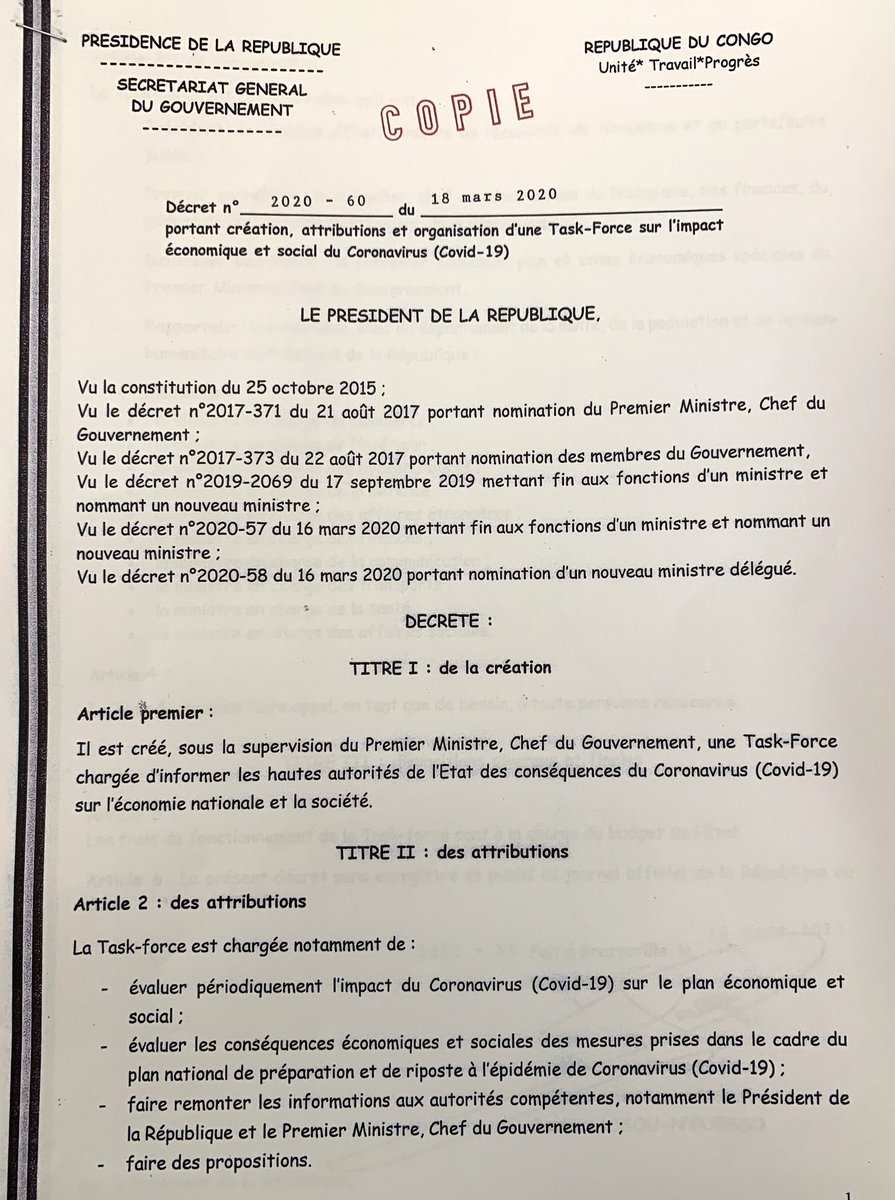 ThMoungalla's tweet photo. Par décret du 18 mars 2020, le Président de la République a mis en place une « Task Force sur l’impact économique et social du coronavirus (Covid-19). Présidée par le Ministre d’Etat #Ondongo, sous la supervision du PM, elle devra en outre faire des propositions sur la crise. https://t.co/AmsOWF9s2h