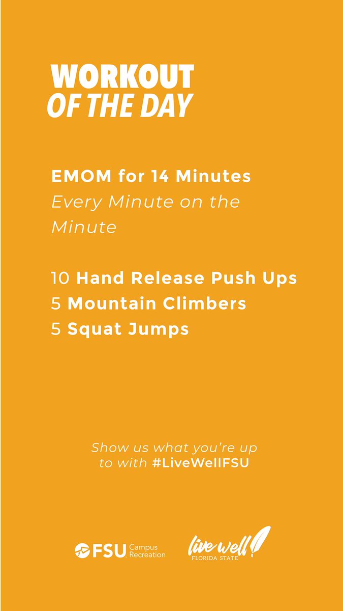 FSUCampusRec's tweet photo. Thursday, March 19
💪 Workout of the Day: EMOM for 14 Minutes
🧘🏾‍♀️ Yoga Pose of the Day: Cow Pose
🌳 100 Ways to Get Outside: Tips 16-20 https://t.co/gYBbTDpuRs