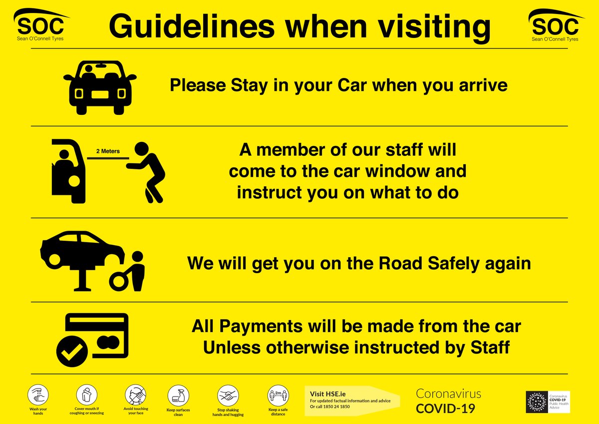 SocTyres's tweet photo. We are going to try keep our Tyre Service going as long as it is safe to do so.
Below we have attached some guidelines that we would appreciate if everyone would follow when visiting the garage to keep both yourself &amp; our staff safe.
If anything changes we will keep you updated. https://t.co/4G8RpeXikp