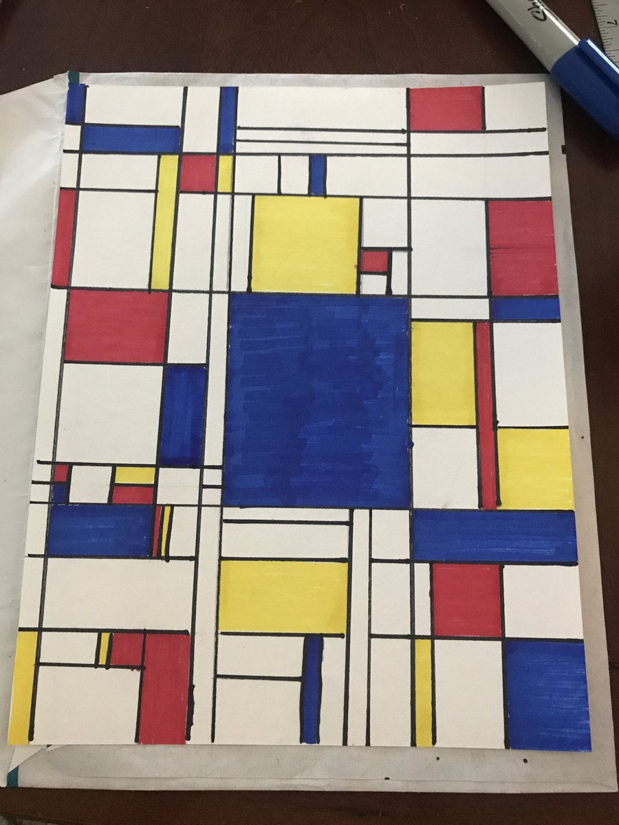 arichardsmath's tweet photo. Piet Mondrian-style art. Thanks, Mr Donner,  for the instructions. ⁦@centramanda⁩ #MiddieRising #activatingawesome https://t.co/lrhH9PROvN