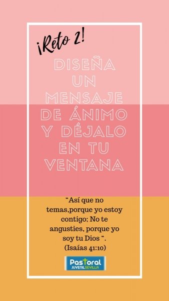 Seguimos con los retos diarios que <a href="/DelejuSevilla/">Delegación de Juventud Sevilla</a> nos propone especialmente destinados a nuestros jóvenes y niños. Acepta este segundo reto, hazle una foto a tu mensaje de ánimo con las etiquetas #TodoVaASalirBien #Estoycontigo #CuaresmaintimaSG y #YoMeQuedoEnCasa y publícalo¡¡¡