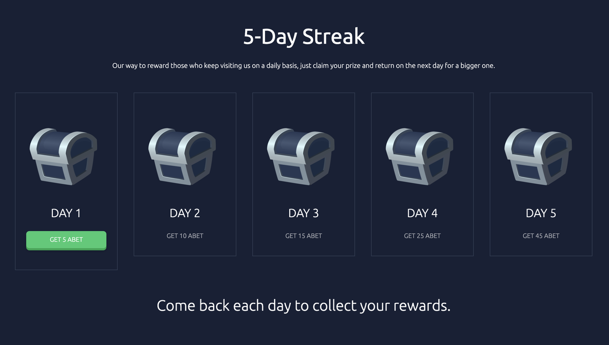 🤑Earn up to 100 $abet a week by visiting us on a daily basis.

✍️Register your account and start claiming your rewards today!
altbet.io/freechest/

#Giveaway #crypto #DailyPrize #Bitcoin #casino #wealth