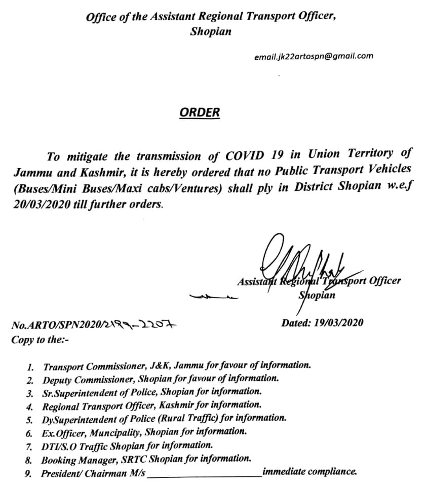 #COVID2019 #PreventiveMeasures: Public transport suspended in Shopian w.e.f. 20.03.2020 till further orders. @diprjk @yasinc_ias @shopiankmr @TheDispatch_