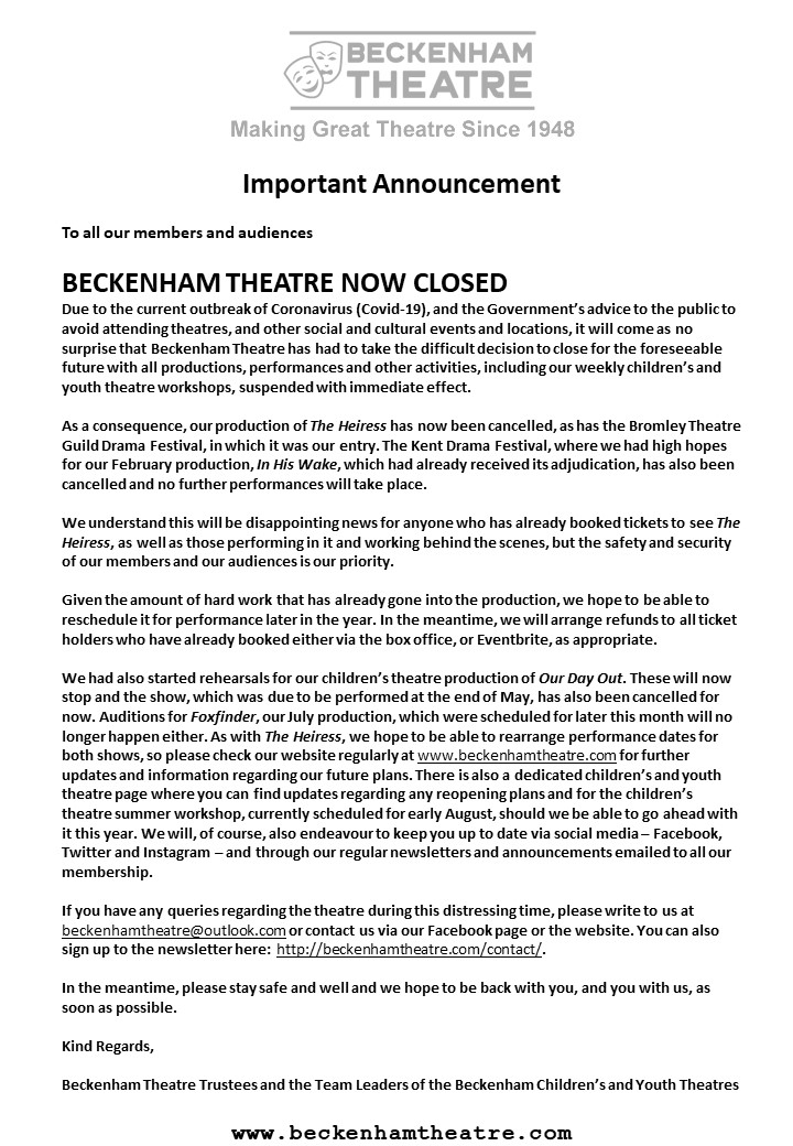 Following government advice, BTC has now closed its doors for the foreseeable future. All productions, auditions and children's workshops have been cancelled. Please see this announcement from the theatre's trustees and check the website regularly for future announcements.
