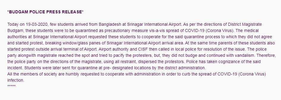 kashmir_update's tweet photo. #COVID19 -Police issued a statement on the ruckus at Srinagar Airport .
Srinagar Airport witnessed ruckus after the flight of people mostly students from Ladakh and Bangladesh landed at the Airport. (Statement attached)  

#Kashmir 
#CoronaVirusUpdate 
#CoronavirusOutbreakindia https://t.co/XfoeDXg3Co