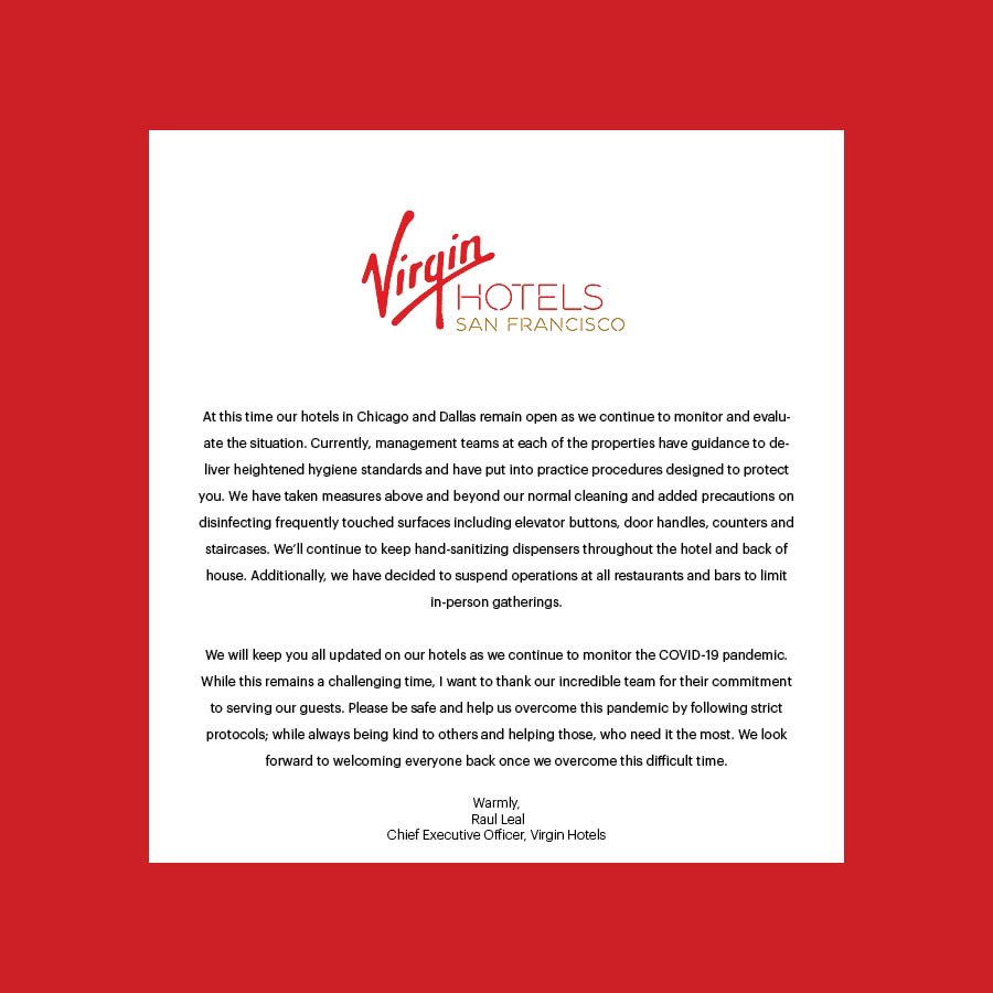 VirginHotelsSF's tweet photo. Our doors may be closed for the time being, but our hearts will remain open and full of #hope. We have made the difficult decision to temporarily close our hotel. https://t.co/dsoLWg0IM1