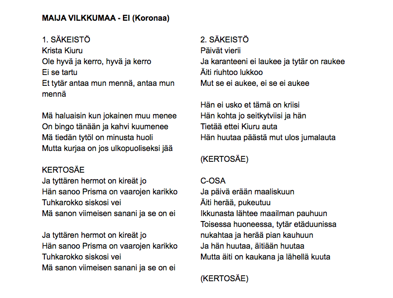 jukkalindstrom's tweet photo. Koronan ja ikäihmisten tottelemattomuuden innoittamana kirjoitin uudet sanat Maija Vilkkumaan kappaleeseen Ei.

Kolmekymmentä vuotta myöhemmin tyttären ja äidin osat ovat vaihtuneet. #korona #koronavirus https://t.co/pshgRXSTZa