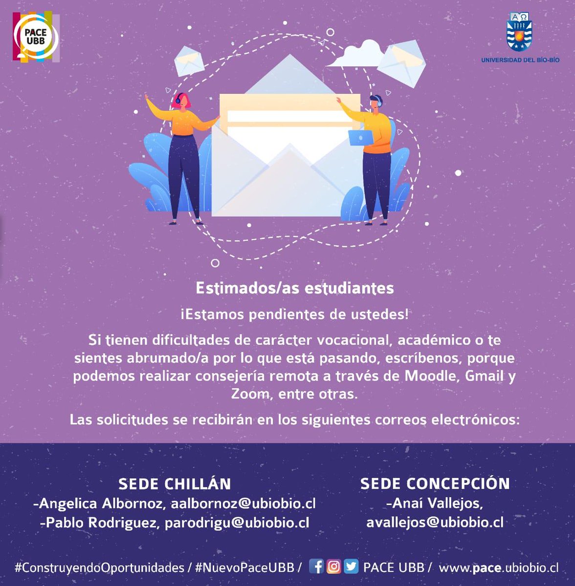 PACEUBB's tweet photo. En el #PaceUBB seguimos atentos a tus necesidades! No dudes y comunícate con nosotros para poder ayudarte a través de todas nuestras plataformas en tus dudas e interrogantes. #QuedateEnCasa #ConstruyendoOportunidades https://t.co/XuQBR9HPct