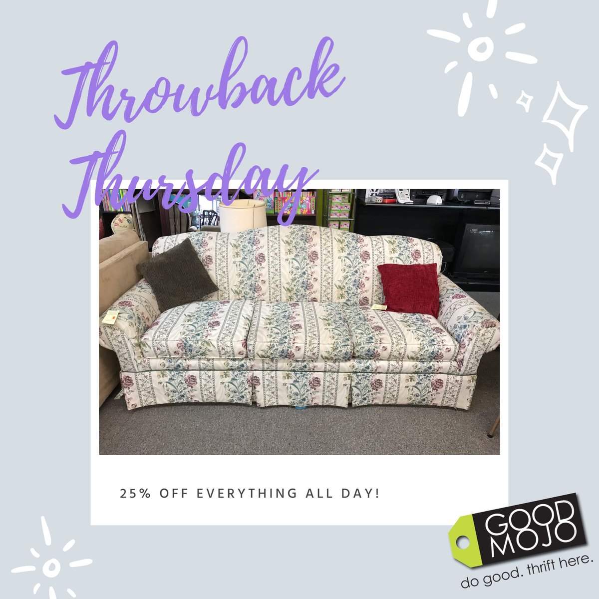 GoodMojoVA's tweet photo. #ThrowbackThursday means 25% off everything all day, including furniture!
.
All proceeds benefit @ForKidsVA and help break the cycle of #homelessness for families in #the757. https://t.co/WKahOqNxDD