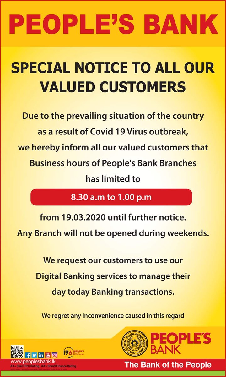 VMMenan's tweet photo. To our valuable customers
#Peoplesbank #CoronavirusOutbreak #Limited_time #Srilanka https://t.co/gVMyars64S