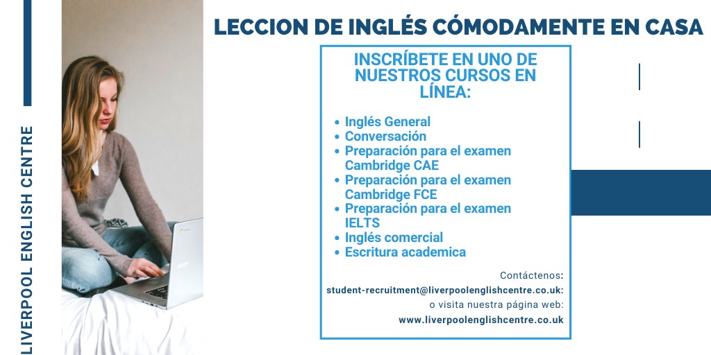info_LEC's tweet photo. Lecciones de inglés en línea, la solución perfecta para el aprendizaje a distancia, a un precio económico. 😀🇬🇧

student-recruitment@liverpoolenglishcentre.co.uk
#leccionesenlínea #cursoenlínea #todoestarábien #aprendeinglésenlínea #inglésadistancia #inglésenlínea #onlinecourses https://t.co/X5PPQBqfKK