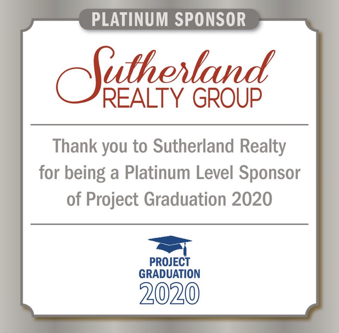 ABProjectGrad's tweet image. Here we are at day 7 social distancing. We are staying hopeful that our big event will take place on June 5th. And with that we have our first Platinum Sponsor to announce—special thanks to Sutherland Realty Group for donating $500 to Project Graduation!