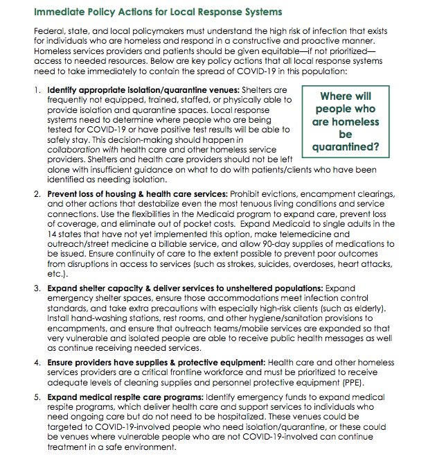 Immediate policy actions for local response systems:

👉 Identify quarantine venues
👉 Prevent loss of housing &amp; health care
👉 Expand shelter capacity
👉 Ensure providers have supplies
👉 Expand medical respite care programs

More from <a href="/NatlHCHCouncil/">NatlHCHCouncil</a>: nhchc.org/wp-content/upl…