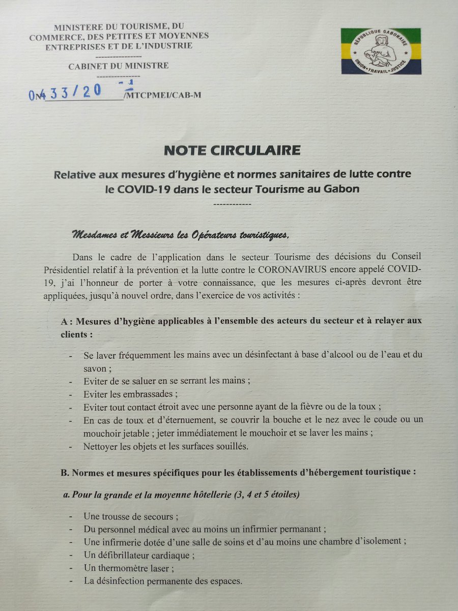 agatour_gabon's tweet photo. [ #COVID_19 ]

#Note_Circulaire du #Ministre du #Tourisme, du Commerce, des PME et de l'Industrie, relative aux mesures et normes de lutte contre la propagation de cette pandémie dans le secteur tourisme au #Gabon. https://t.co/cNnIfKUlno