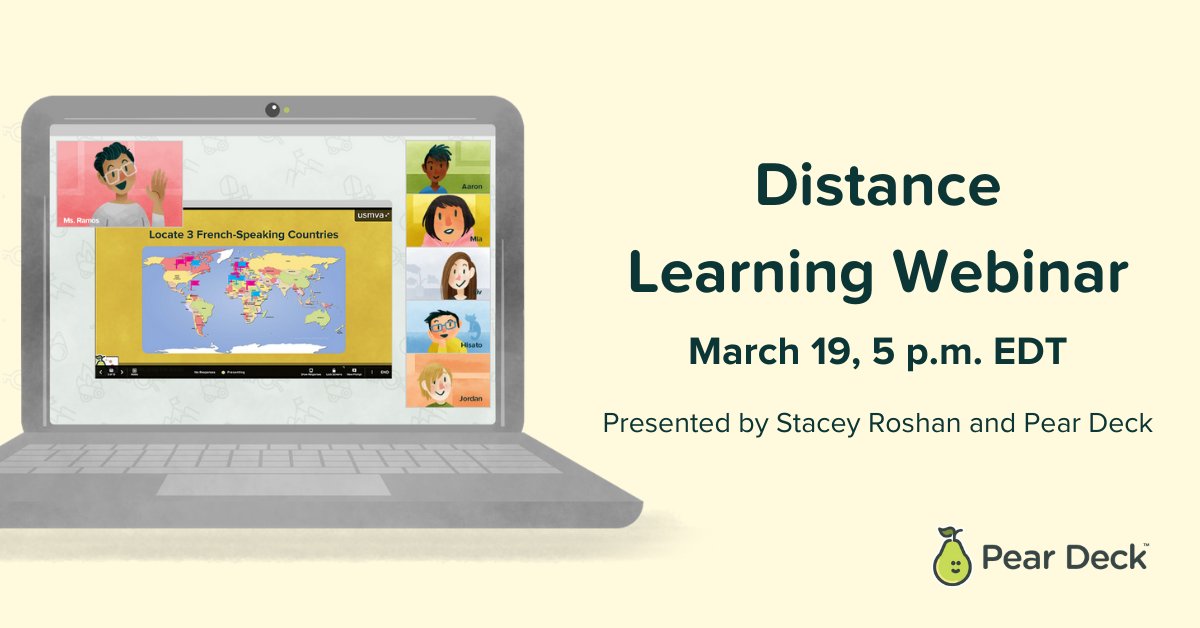 PearDeck's tweet photo. Happening tonight: Learn tips and best practices for teaching in a remote learning environment from expert @buddyxo at our free, special edition webinar! 💻✨

Save your spot: https://t.co/NTfGeqowSz 
#remotelearning #edchat #freewebinar #COVID19 https://t.co/ao8iCQEaWk