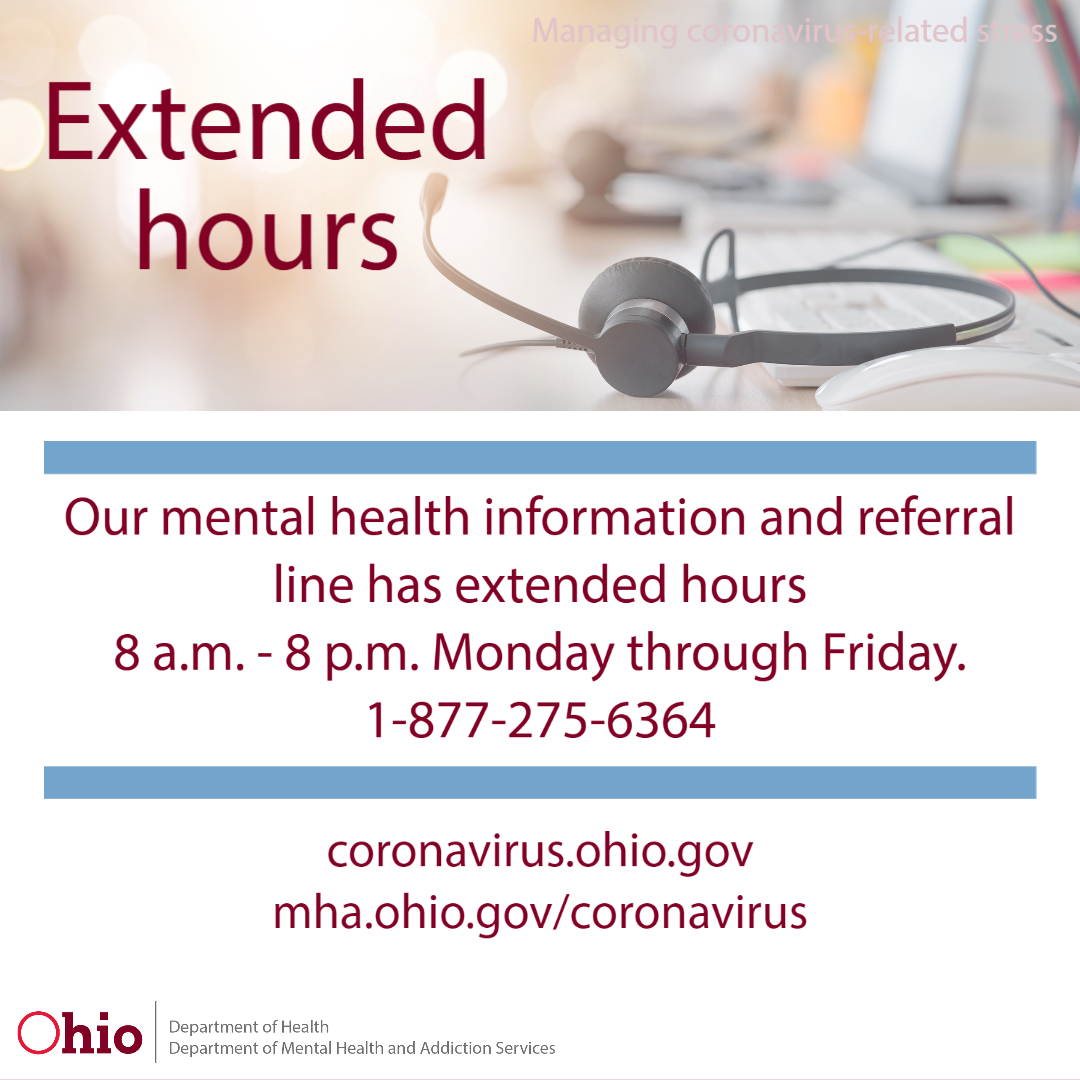 GovMikeDeWine's tweet photo. ☎️ @OhioMHAS has extended the hours of their mental health information and referral line.

Monday thru Friday:
☎️ 1-877-275-6364
8 a.m. – 8 p.m.

📱 Ohio Crisis Text Line 
Text keyword "4HOPE" to 741 741

https://t.co/za0IisQGAE

#COVID19OhioReady 
#InThisTogether https://t.co/UAH0NBUipp