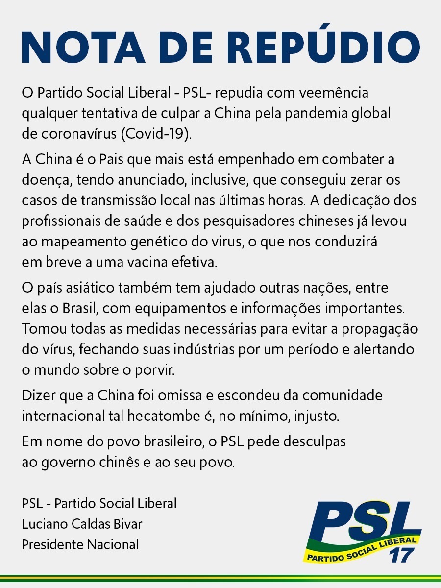 PSL_Nacional's tweet photo. O Partido Social Liberal - PSL- repudia com veemência qualquer tentativa de culpar a China pela pandemia global de coronavírus (Covid-19). Dizer que a China foi omissa e escondeu da comunidade internacional tal hecatombe é, no mínimo, injusto. #PSL #Coronavirus #Covid19 https://t.co/LnGDgT3ofM