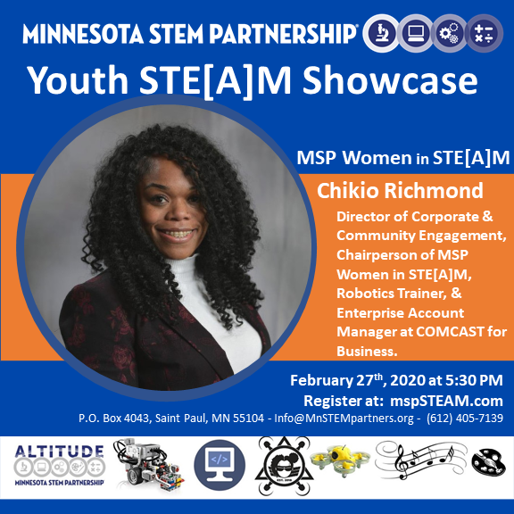 MnSTEMpartners's tweet image. In celebration of #WomensHistoryMonth we would like to recognize MSP Women in STEAM Chairwoman Chikio Richmond of @comcast for her #leadership! @NCWIT @bwise_bwiseusa @NSBE @BDPAMidwestRG #urbanrobotics #urbancoding #urbandrones #mnstempartners
#STEM #STEAM