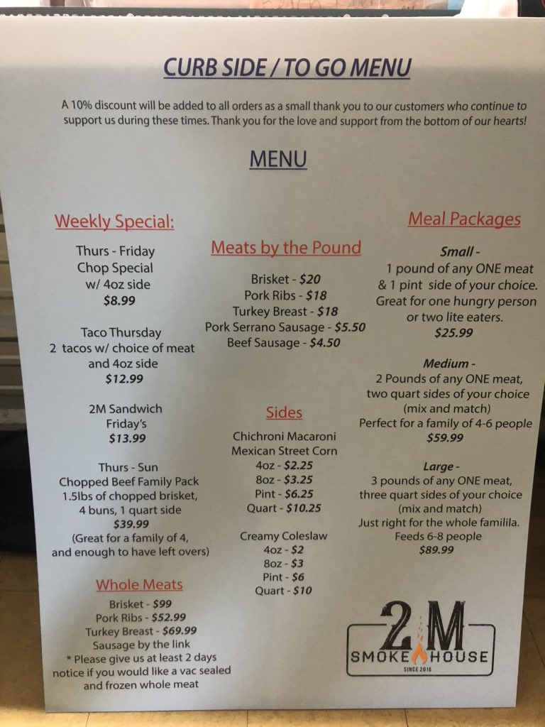 Here is our menu for this week. Everything is to go but we have call ahead ordering as well as a drive thru curb side menu. Call or tweet us for addition questions! Thank you for supporting us and come on out and get some food! We love y’all San Antonio!