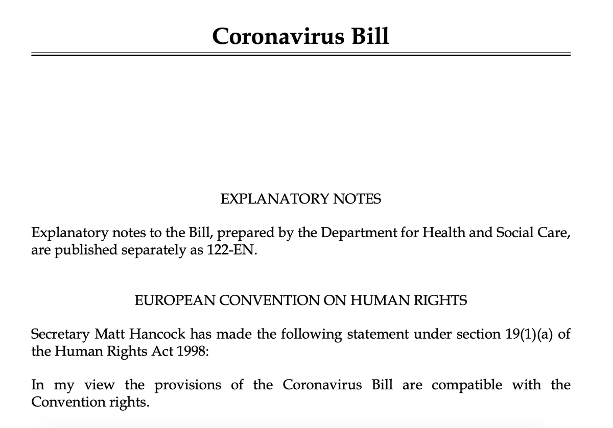 Here is the full Coronavirus Bill, just published. Is the human rights compatilibity statement on the front page accuate? Time will tell... /68  https://publications.parliament.uk/pa/bills/cbill/58-01/0122/20122.pdf