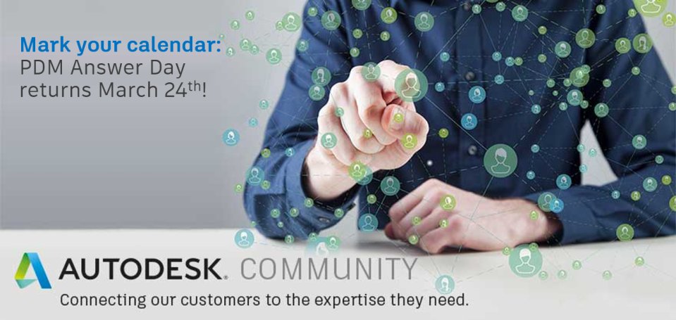 ADSKCommunity's tweet photo. #PDM Answer Day is coming to the #Autodesk forums next week! Join us on Tuesday, March 24th for a full 24 hour global takeover by all our top experts and specialists for all things #AutoCAD #Inventor and #Fusion360! https://t.co/P1TyUDiMTN #AutodeskCommunity #AnswerDay https://t.co/QRAibFtJCA