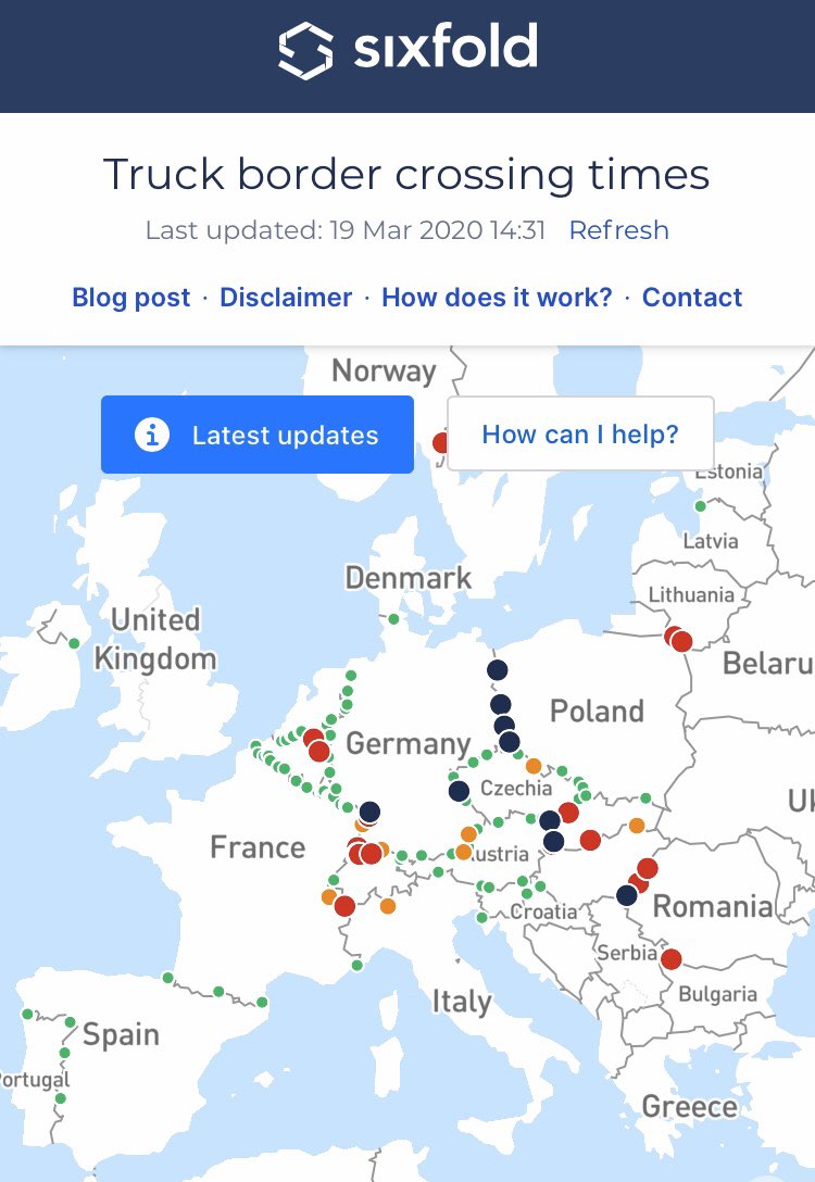 vivloonela's tweet photo. @sixfoldteam map of realtime truck border crossing times show the congestions at borders in Europe due to #corona Green corridors for emergency transport are a priority https://t.co/SKtHwyfQri https://t.co/kbaArOjR0X