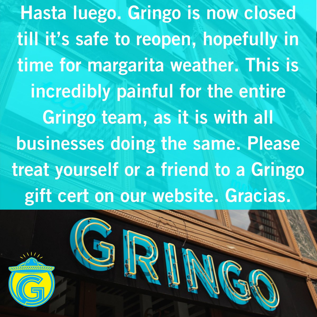 GringoSTL's tweet photo. ¡Hasta pronto! We’ll be back. 
In the meantime, gift certificate purchases are appreciated! Take care of yourself.

https://t.co/iT67MJto78 https://t.co/GatCXYTkQC