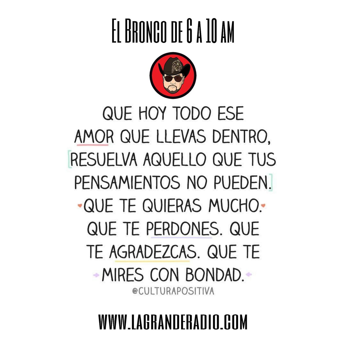 ElBroncofm's tweet photo. Kiuvo raza buen dia feliz jueves, a veces somos muy duros con nosotros y para querer a otros tenemos que aprender a querernos mas. #BroncoNeta #ElBronco #LaGranD #BroncoShow https://t.co/op1dfEV1bJ