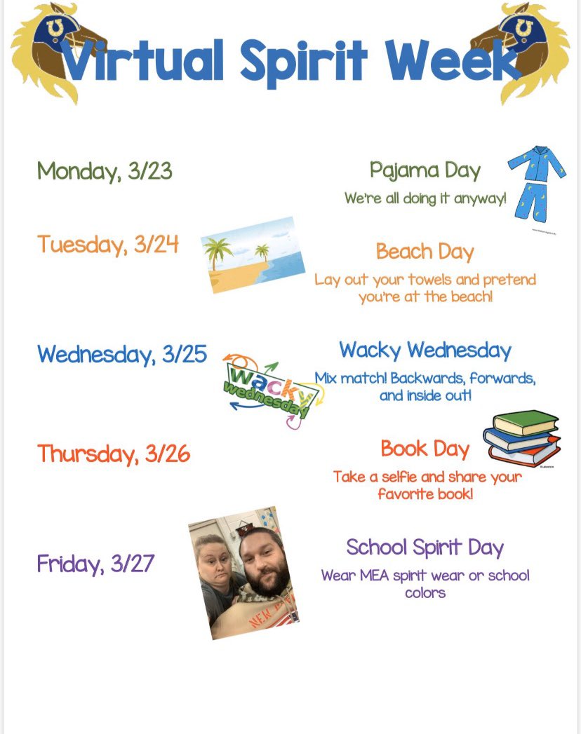 ms_hogan8's tweet photo. Here is something exciting to look forward to. We can still keep up our school spirit with Virtual Sprirt Week starting Monday, March 23rd. I hope you’ll join in on the fun too! @MeadowlandElem https://t.co/NxQEWhCNgx
