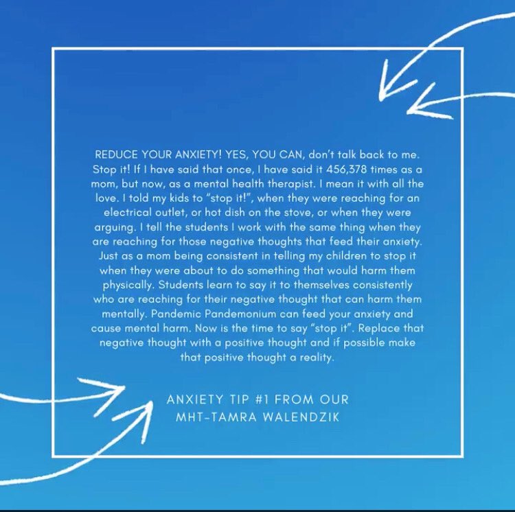 If you are like most of us during this time, you (parents or staff) or your student may be experiencing some anxiety. Here’s a tip from our #TeamDCS Mental Health Therapist, Tamra Walendzik. #AllMeansAll #RaiseTheBar #MentalHealthMatters <a href="/DCSeNews/">DCS News</a>