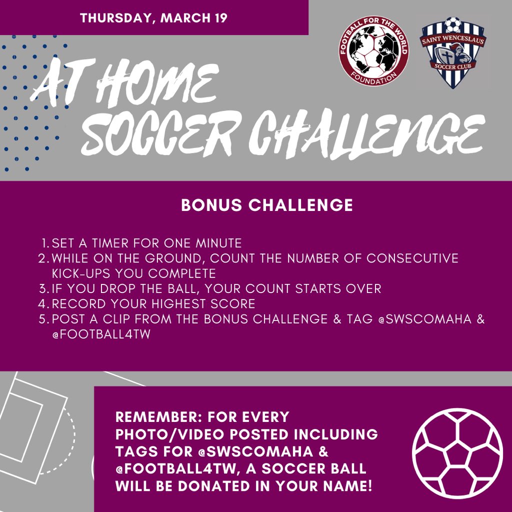 Football4TW's tweet image. Alright, @SWSComaha (and greater soccer community!) Today, we’re challenging you to focus on striking the ball with your laces + for the brave: learning how to add a different spin when you strike it. 

Bonus challenge: seated juggling! 
Video example: m.youtube.com/watch?v=5RBQ2C…