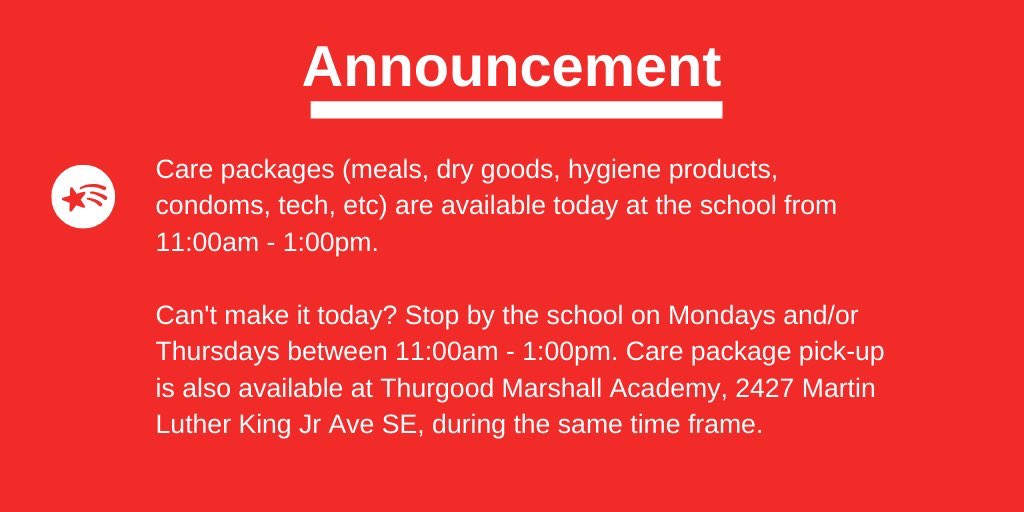 Keeping you informed!! <a href="/LAYCCAPCS/">LAYC Career Academy</a> will have care packages available today. Remember <a href="/DCReEngagement/">DC ReEngagement Collaborative</a>  center is still open for phone calls from 8:30am-4:30pm Mon-Fri please do not hesitate to reach out!!! #wecare #osse