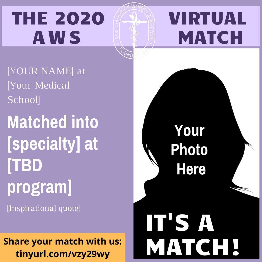 WomenSurgeons's tweet photo. Students participating in #MatchDay2020 are invited to celebrate with us in the virtual #AWSmatch! ✨
Submit match info & photo by 5pm on Friday to be included in the AWS Match Day Video. https://t.co/h7y7OP8hb4
#virtualmatch #ILookLikeASurgeon #futuresurgeon https://t.co/vIeODwXNzJ
