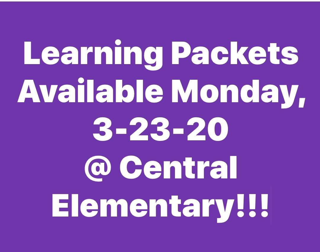 @Neosho_Central  * Pick up a learning packet for your student any time between 10 & 3 at Central Elem. on 3-23-20.
* Please return all library books when you pick up your packet. 
* Devices (iPads & Chromebooks) will be distributed from the Middle School at a later date.