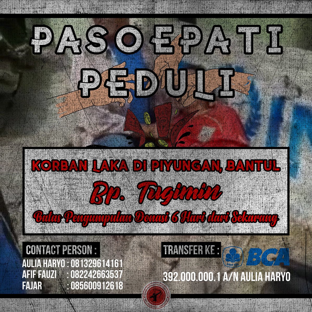 "PASOEPATI PEDULI" 

Pasoepati mengucapkan simpati yang mendalam untuk saudara saya, Bapak Tugimin yang mengalami musibah Laka mengenakan jersey "PERSIS SOLO" di Piyungan, Bantul, Yogyakarta
