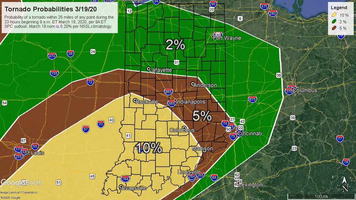 JayFarlowWx's tweet photo. IN #tornado probabilities today are 10-50 times March 19 climatology norm, per 9A ET NOAA NWS @NWSSPC convective outlook &amp; @NOAANSSL climatology. #INwx #SKYWARN https://t.co/4hQsZ5RPu7 https://t.co/HAcgkMwnIN