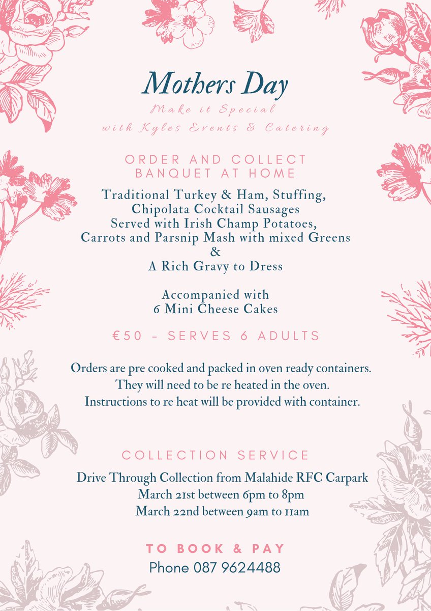 KylesCatering's tweet photo. We hope you are all keeping well 🥰

Mothers Day is March 22nd &amp; We have a special offer to help ease pressure on kitchens &amp; to treat everyone to a delicious healthy dinner!
€50 Serves 6 Adults 
To Order &amp; Pay over phone Call Carole - 0879624488
Collection point @malahiderfc https://t.co/g4bbLMYx0W