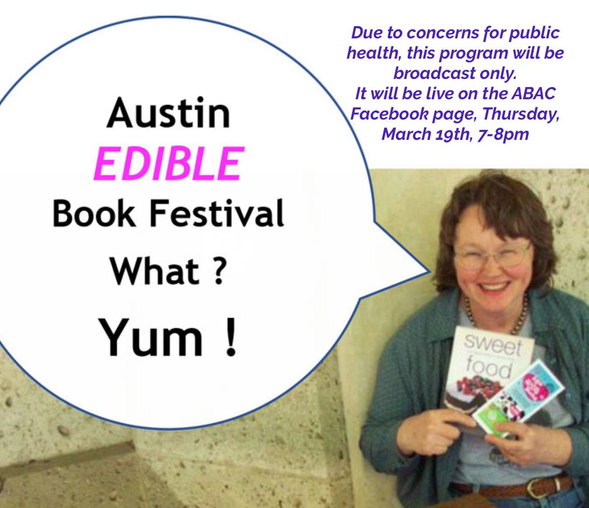 LoneStarLit's tweet photo. 2day 7pm @atxbookarts: What YUM: learn about Austin #EdibleBook Festivals w/Mary Baughman! https://t.co/H0mafBi5YK @halfpricebooks #workshop #atx #lonestarlit VIA FACEBOOK LIVE https://t.co/mqy4aVa5kE