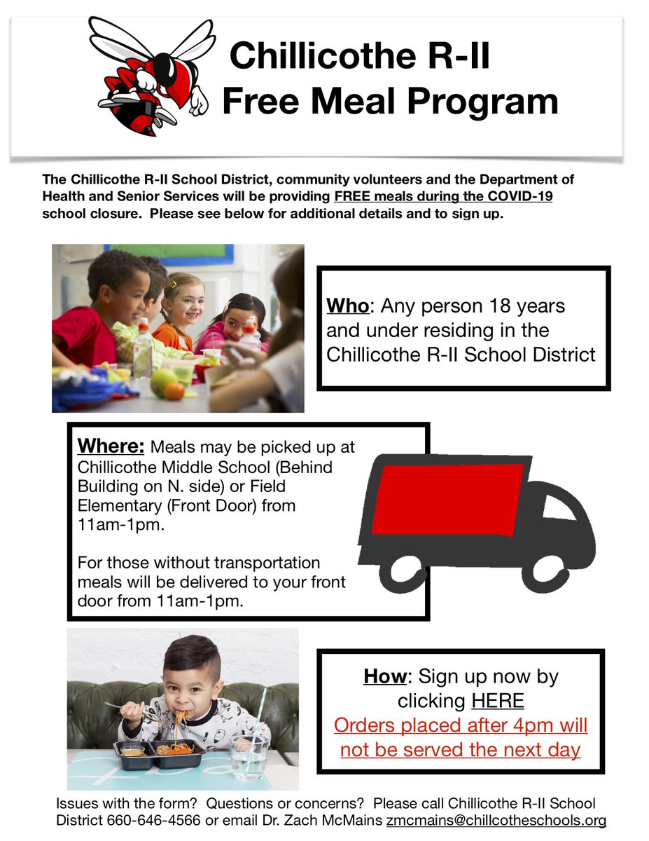 Dr. Zach McMains (@drzachmcmains) on Twitter photo Chillicothe School Community, please sign-up for the <a href="/ChillicotheR2/">Chillicothe R-II</a> Free Meal Program. We offer pickup and front door delivery to any child 18 and younger residing in the Chillicothe R-II School District. Chillicothe School Community, please sign-up for the <a href="/ChillicotheR2/">Chillicothe R-II</a> Free Meal Program. We offer pickup and front door delivery to any child 18 and younger residing in the Chillicothe R-II School District.